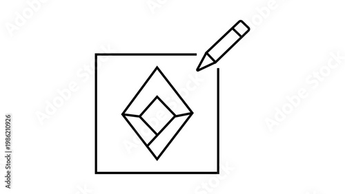 Minimalist black line vector icon of a geometric diamond logo being drawn with a pencil inside a square frame, representing brand identity, graphic design, and creative process on a white background.