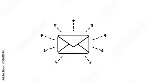Minimalist black line vector icon illustration of an envelope with dashed arrows pointing outwards, symbolizing email marketing, newsletter distribution, digital communication, and global outreach.