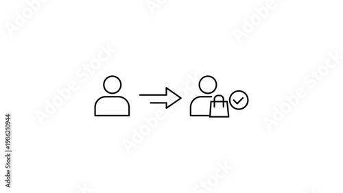 Minimalist black line vector icon illustration of a visitor converting into a customer with a shopping bag and checkmark, representing conversion rate, sales funnel, and marketing success.