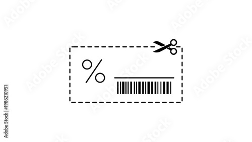 Photography Minimalist black line vector illustration of a rectangular discount coupon featuring a dashed cutting line with scissors, a percent symbol, and a barcode for retail sales and online promotions
