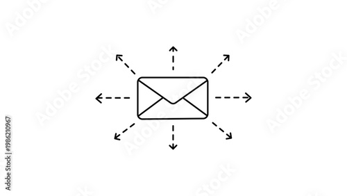 Foto Minimalist black line vector icon illustration of an envelope with dashed arrows pointing outwards, representing email marketing campaigns, mass mailing, newsletter distribution, and outreach