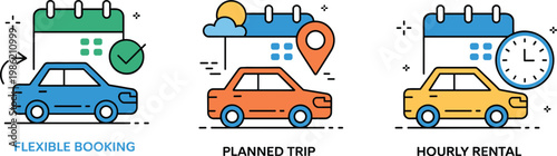 Car rental service icon set for flexible booking planned trip and hourly rental with calendar clock and location pin flat line vector illustration