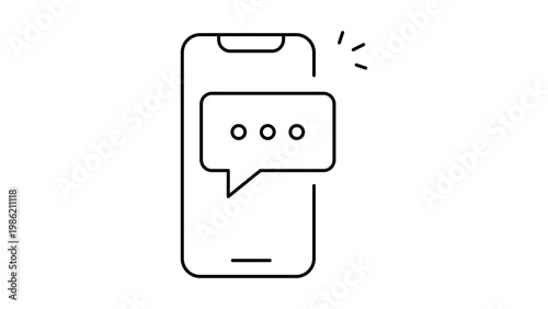 Fotografie SMS Alert: A minimalist black line vector icon illustration on a white background representing a smartphone with a speech bubble notification, symbolizing mobile communication and texting