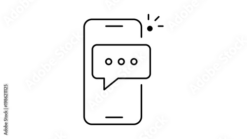Minimalist black line vector icon illustration of a smartphone with a speech bubble notification alert, representing mobile communication, SMS messaging, and digital chat on a white background.