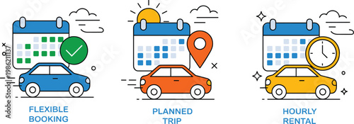 Car rental service icon set for flexible booking planned trip and hourly rental with calendar clock and location pin flat line vector illustrationflat 
