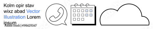 Technology, cloud computing, scheduling, communication, messaging, data storage. Line art icons of a phone call, calendar and cloud. Communication and technology concepts visibly illustrated