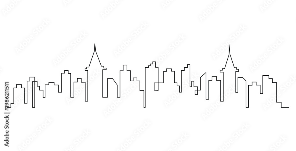Obraz premium Continuous One Line Drawing Cityscape Skyline – Minimalist Modern Urban Architecture Line Art Vector Illustration
