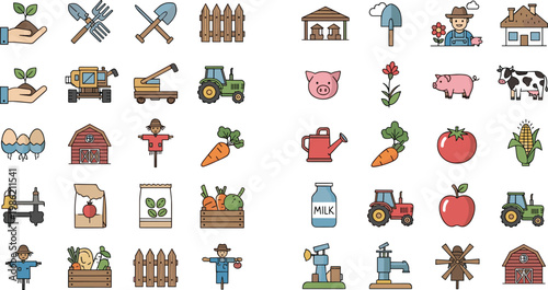Colorful Agricultural and Farm Icons Set, Featuring Crops, Animals, Farm Equipment, and Rural Life Symbols