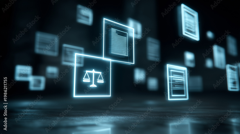 Fototapeta premium Futuristic legal interface with glowing digital documents and justice scale icon, virtual law technology concept, cyber legal system, data security and online regulation