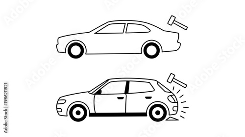 Graphic icons showing a hammer striking the rear of a white sedan and a hatchback car.