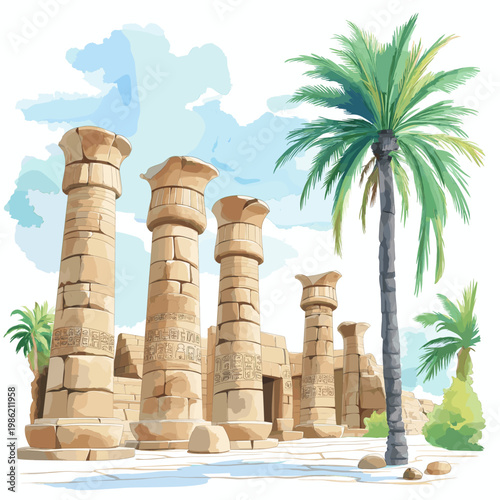 Karnak Temple. Karnak Temple hand drawn watercolor illustration on white background