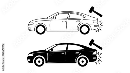 A hammer graphically impacting the rear bumper area of a white sedan and a black sedan car.