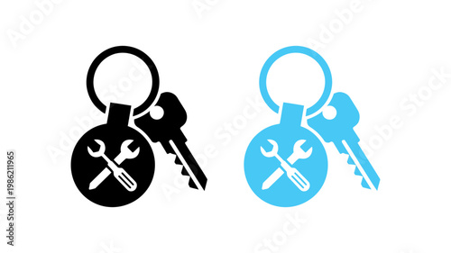 Keyring with a house key and a repair tools charm, available in classic black and vibrant blue.