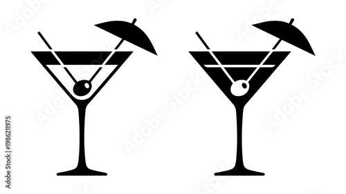 Two stylish martini glass icons featuring olives and cocktail umbrellas, perfect for beverage menus.