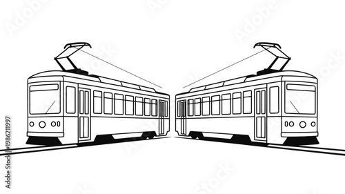 Two distinct tram cars moving away from each other on separate tracks, rendered as elegant line art.