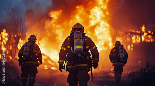 Three firefighters in protective gear walk towards raging inferno with intense flames and smoke engulfing background, showcasing dangerous and heroic rescue operation in dramatic scene of destruction 