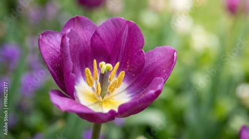 A vibrant purple tulip blooms in sharp focus, showcasing its intricate petals and bright yellow stamen. The flower is surrounded by a blurred background of other purple tulips and green foliage.