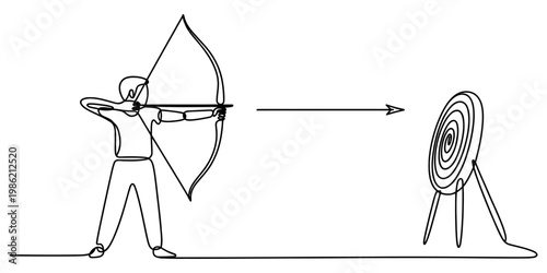 Archer Aiming Bow and Arrow at Target, Action Sport Line Art
