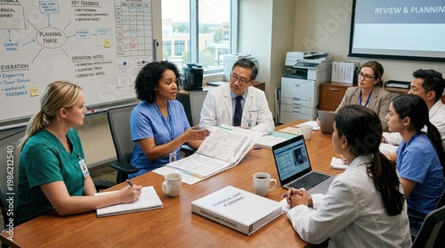 A diverse group of healthcare professionals collaborates around a large wooden table in a bright office.