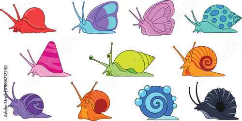 Colorful Snail Collection with Various Land and Sea Mollusk Species Isolated on White