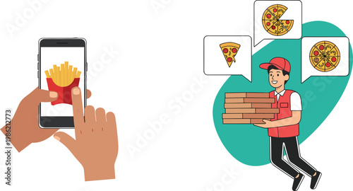 Food Delivery Concept with Smartphone Ordering and Delivery Person Carrying Pizza Boxes, Fast Food Service Illustration