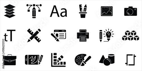 graphic design icons set. concept, project, logo, design, graphic, drawing and more. simple solid vector