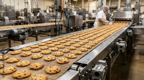 A worker monitors a long conveyor belt filled with chocolate chip cookies. The cookies move along the belt, which is part of a large, automated cookie production facility.