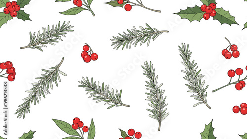 Festive seamless pattern with holly berries and green evergreen sprigs on a white background for Christmas holiday wrap.