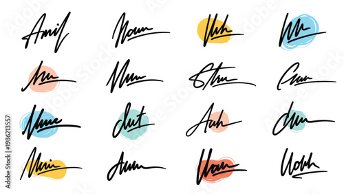 Set of artistic hand drawn signatures and abstract marks with vibrant pastel color splashes for creative branding design.