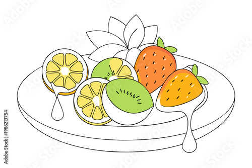 Fresh Fruit Dish With Sliced Strawberries Kiwis And Melons Drizzled With Honey Vector