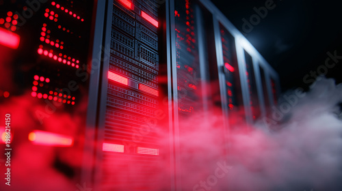 Overheated data center servers surrounded by red warning light and smoke, symbolizing system failure or critical overload.