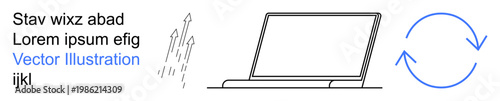 Workflow optimization, technology updates, innovation, data synchronization, software development, business processes. Laptop drawing, circular arrows rising lines. Technology updates and innovation