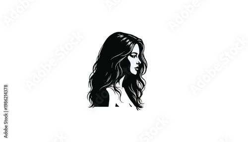 Black and white illustration of a woman with long wavy hair
