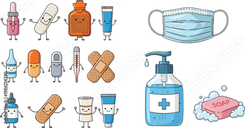Vector Collection of Medical and Hygiene Icons with Masks, Medicine, Soap, Bandages, and Health Care Items for Personal Use and Protection