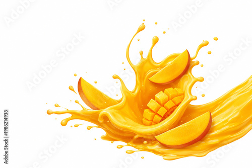 Mango slices with splash isolated white background.