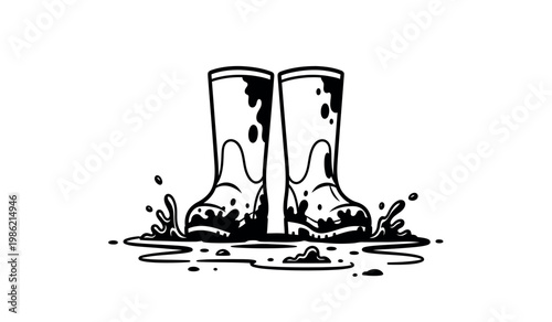 Muddy rain boots a hand drawn illustration of footwear in puddles