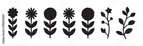 Collection of eight different stylized black flower and leafy branch silhouettes set vector