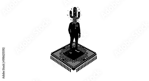 Man standing on computer microchip with cactus head.