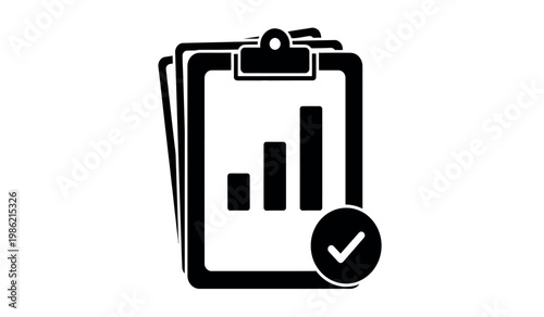 Black and white icon of a clipboard with a chart and checkmark