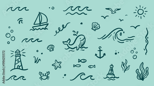 Charming hand drawn nautical icons and symbols featuring a sailboat lighthouse whale crab anchor and waves on a soft blue background