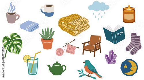 Cozy hygge lifestyle elements, a warm blanket, hot drinks, knitting, plants, and a candle for relaxation and comfort, evoking a sense of peace and tranquility.