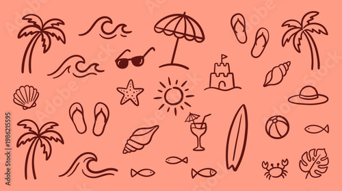 Summer beach vacation doodle elements collection palm trees waves sunglasses surfboard starfish sun cocktail sandcastle and flip flops on pastel background