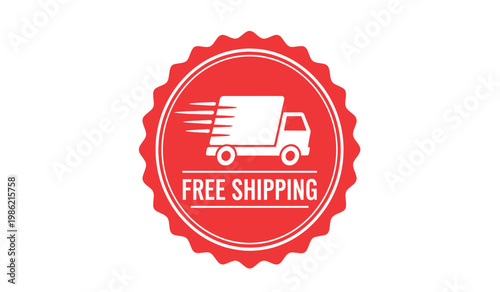 Red oval badge with white delivery truck and 'free shipping' text