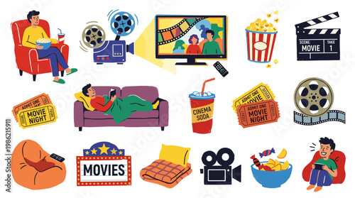 Cozy home movie night with popcorn, drinks, and vintage projector, illustrating leisure and entertainment at home.