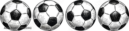 Four vintage style soccer balls arranged in a row isolated on transparent background showcasing a classic sports illustration
