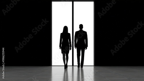 Social justice visual concept, Silhouettes of a man and woman walking through a bright doorway into a dark room with reflective flooring.