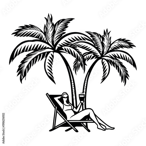 A woman-relaxing-on-a-beach-chair-under-a-palm tree