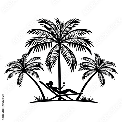 A woman-relaxing-on-a-beach-chair-under-a-palm tree