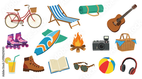 Summer vacation essentials collection including bicycle, surfboard, guitar, camping gear, and beach accessories for outdoor recreation and travel