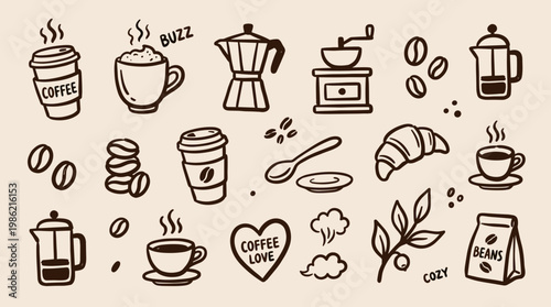 Hand drawn coffee shop elements and drinks collection including cups, beans, croissant, french press and coffee maker in doodle style